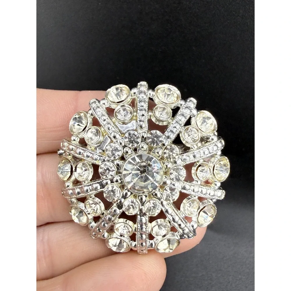 Vintage Rhinestone Brooch Pin Lot 3 Maple Leaf Swirl Dome Silver Tone